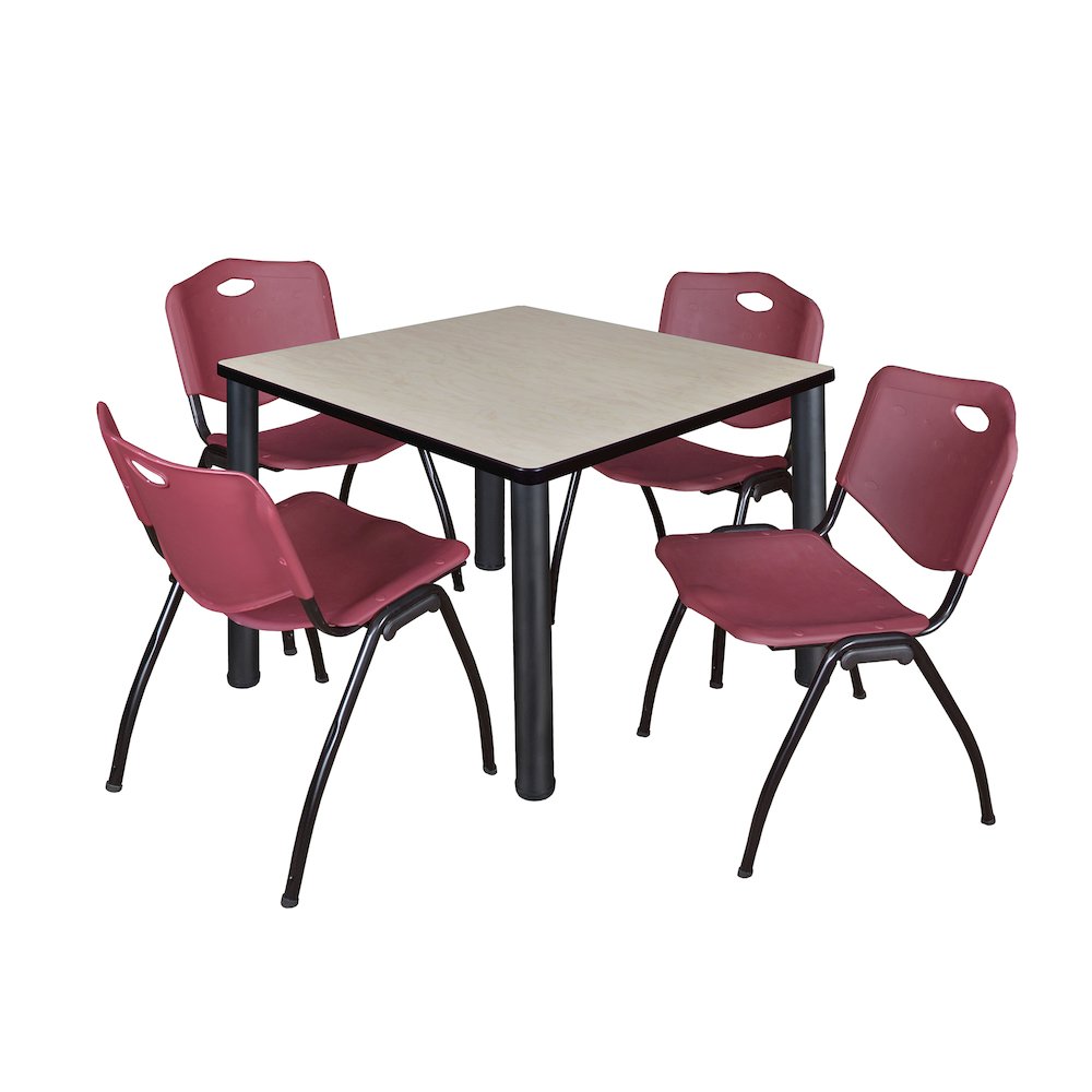 42 in Square Breakroom Table- Maple Top, Black Legs, 4 M Stack Chairs- Burgundy