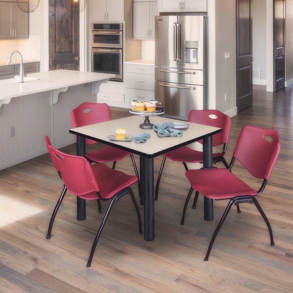 42 in Square Breakroom Table- Maple Top, Black Legs, 4 M Stack Chairs- Burgundy