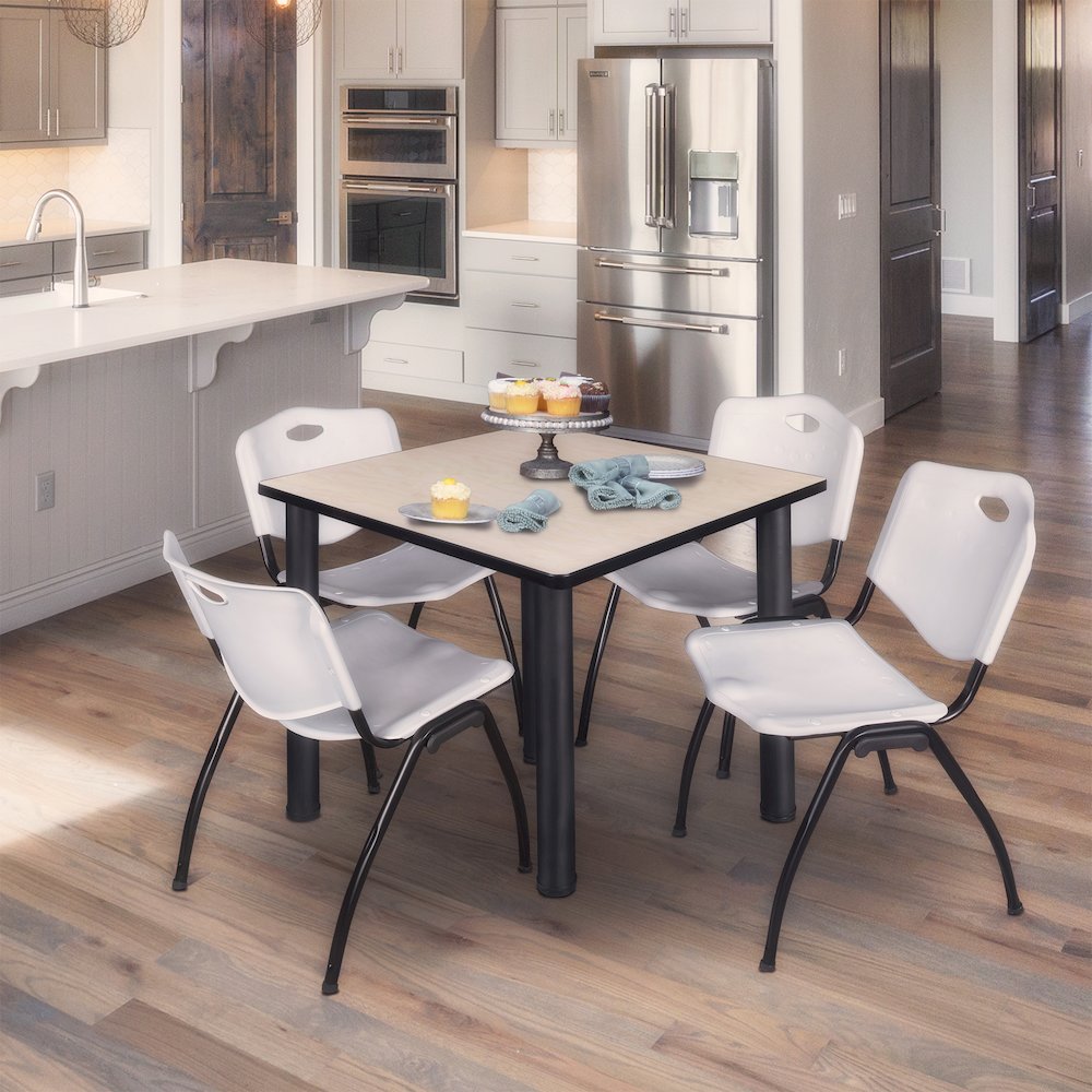 42 in Square Breakroom Table- Maple Top, Black Legs, 4 M Stack Chairs- Grey