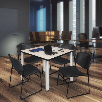 42 in Square Breakroom Table- Maple Top, Chrome Legs, 4 Zeng Stack Chairs- Black
