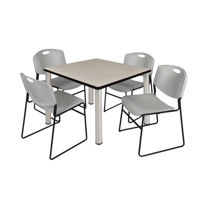 42 in Square Breakroom Table- Maple Top, Chrome Legs, 4 Zeng Stack Chairs- Grey