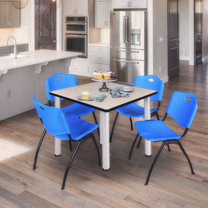 42 in Square Breakroom Table- Maple Top, Chrome Legs, 4 M Stack Chairs- Blue