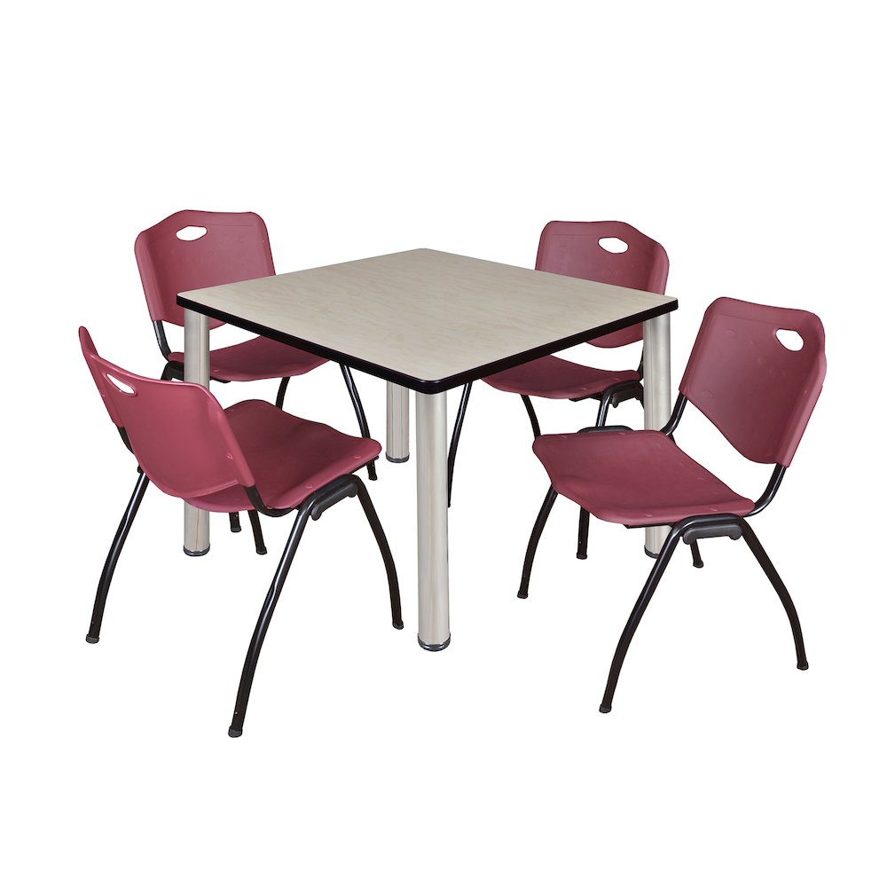 42 in Square Breakroom Table- Maple Top, Chrome Legs, 4 M Stack Chairs- Burgundy