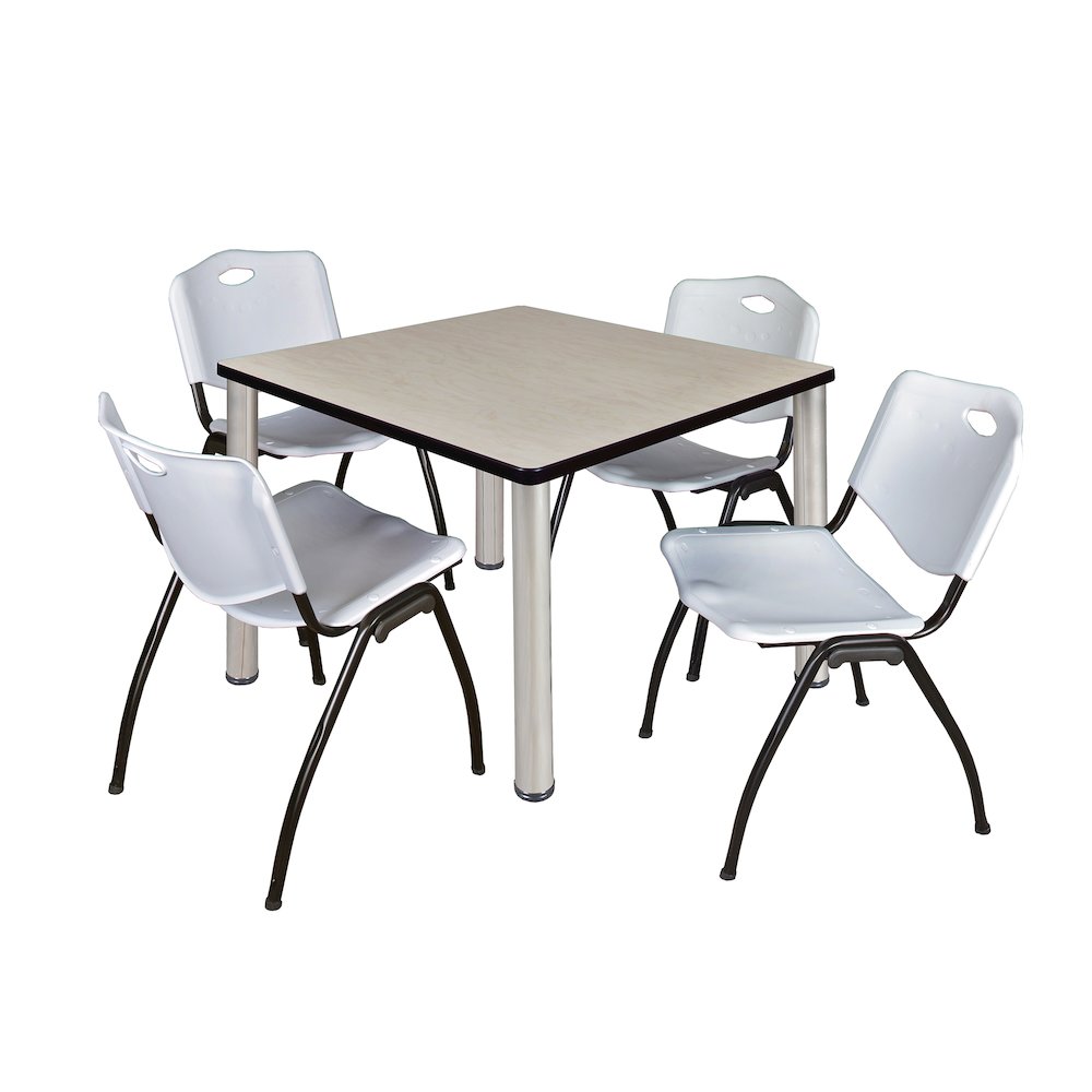 42 in Square Breakroom Table- Maple Top, Chrome Legs, 4 M Stack Chairs- Grey