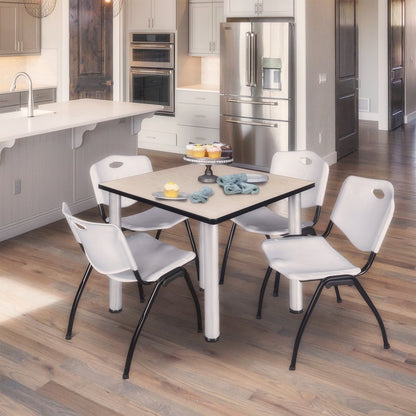 42 in Square Breakroom Table- Maple Top, Chrome Legs, 4 M Stack Chairs- Grey