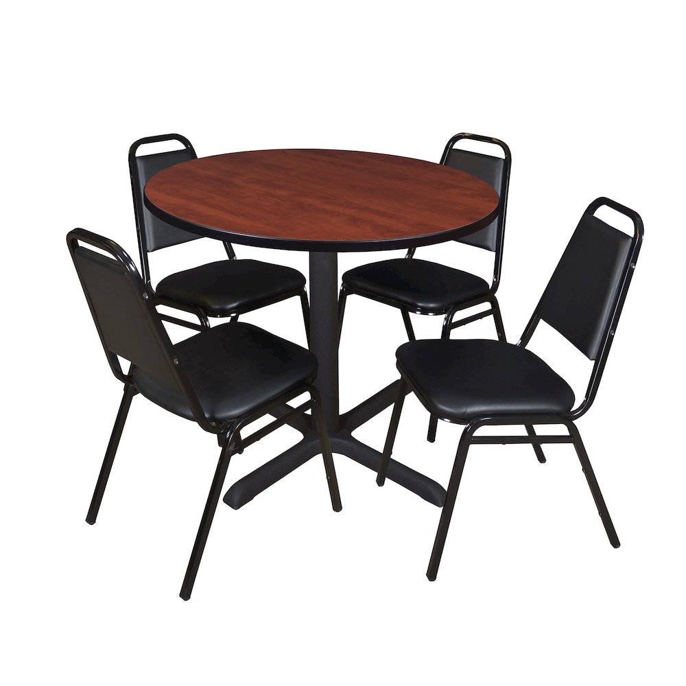 42 in. Round X-Base Breakroom Table- Cherry & 4 Restaurant Stack Chairs- Black
