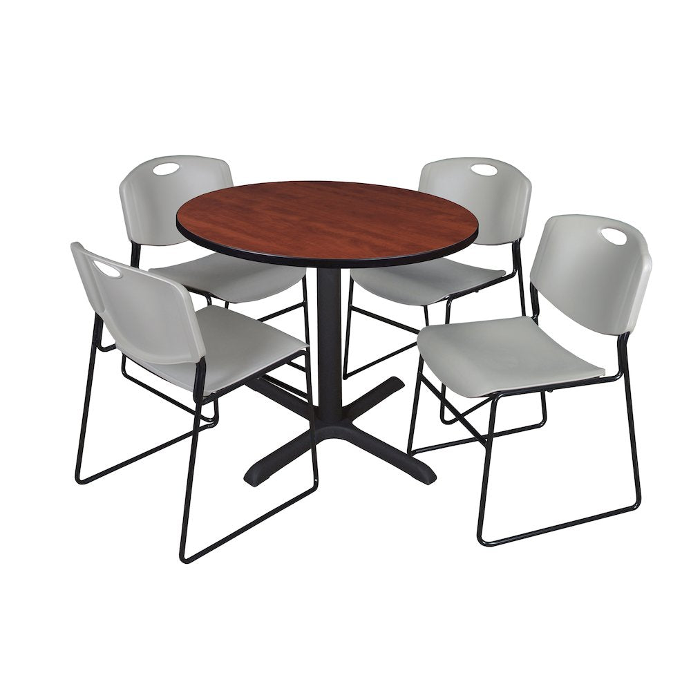 42 in. Round X-Base Breakroom Table- Cherry & 4 Zeng Stack Chairs- Grey