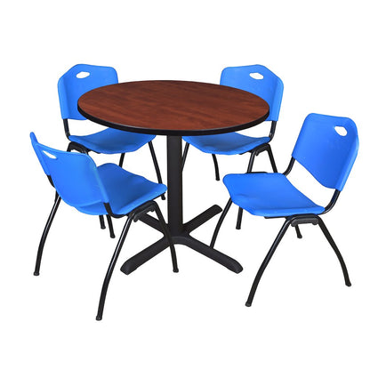 42 in. Round X-Base Breakroom Table- Cherry & 4 M Stack Chairs- Blue
