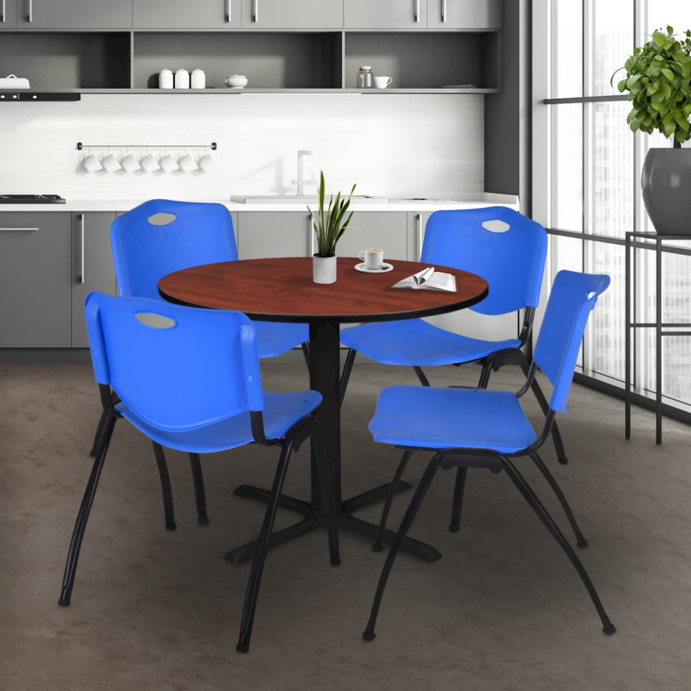 42 in. Round X-Base Breakroom Table- Cherry & 4 M Stack Chairs- Blue