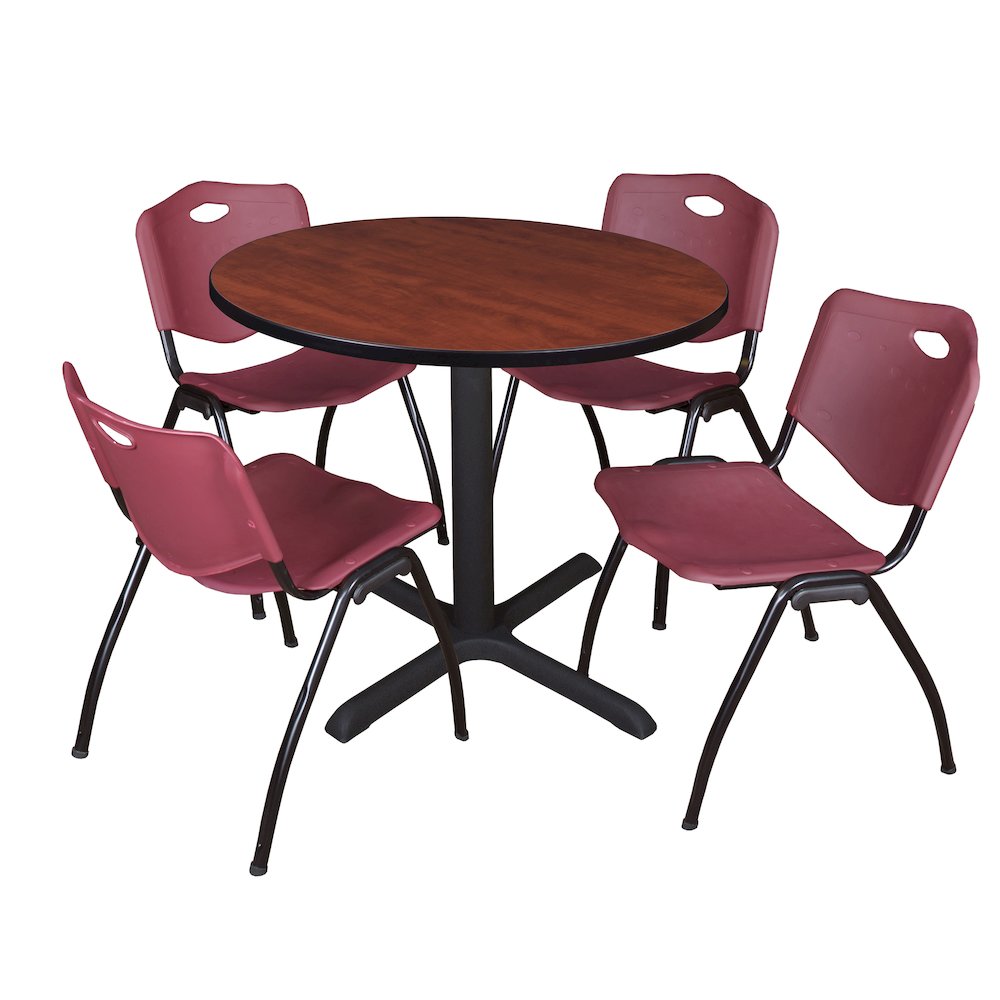 42 in. Round X-Base Breakroom Table- Cherry & 4 M Stack Chairs- Burgundy
