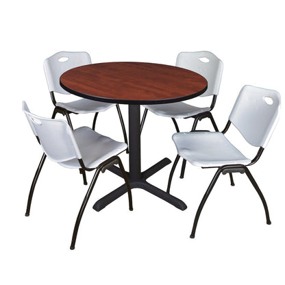 42 in. Round X-Base Breakroom Table- Cherry & 4 M Stack Chairs- Grey