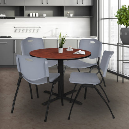 42 in. Round X-Base Breakroom Table- Cherry & 4 M Stack Chairs- Grey