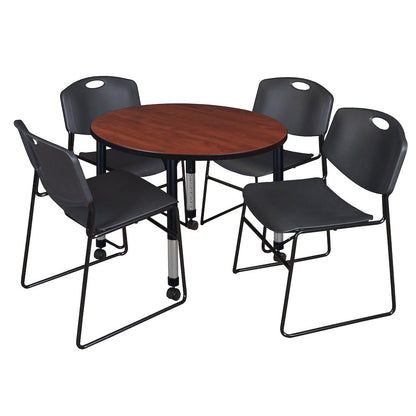 42 Round Mobile Adjustable Classroom Table- Cherry & 4 Zeng Stack Chairs- Black