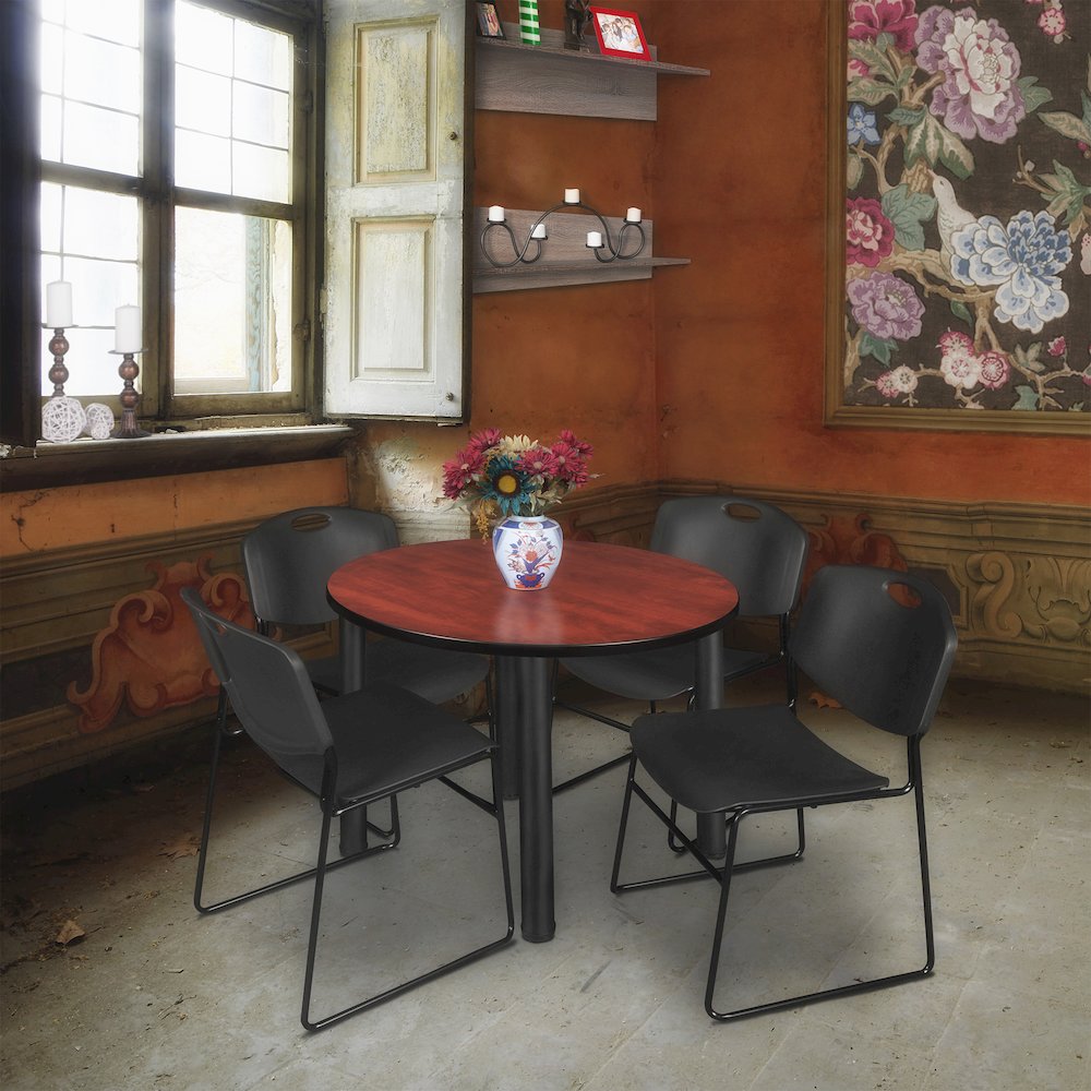 42 in Round Breakroom Table- Cherry Top, Black Legs, 4 Zeng Stack Chairs- Black