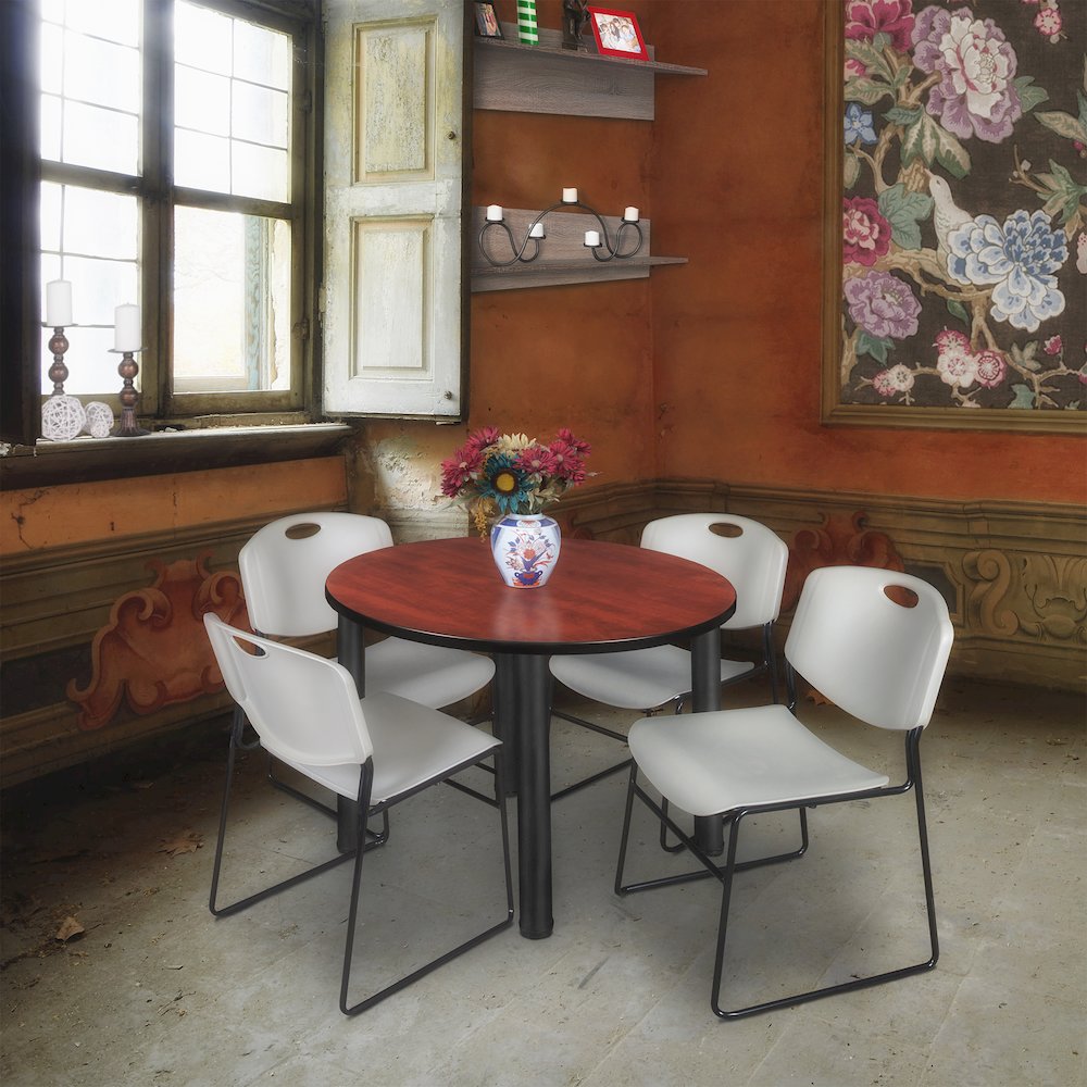 42 in Round Breakroom Table- Cherry Top, Black Legs, 4 Zeng Stack Chairs- Grey