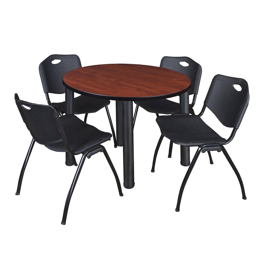 42 in Round Breakroom Table- Cherry Top, Black Legs, 4 M Stack Chairs- Black