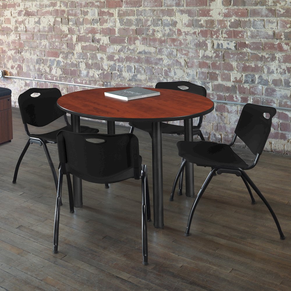 42 in Round Breakroom Table- Cherry Top, Black Legs, 4 M Stack Chairs- Black