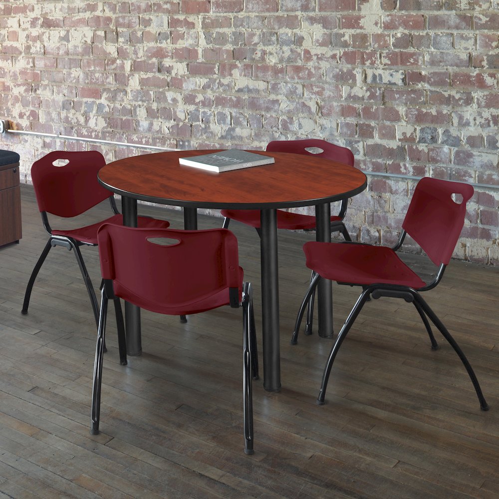 42 in Round Breakroom Table- Cherry Top, Black Legs, 4 M Stack Chairs- Burgundy