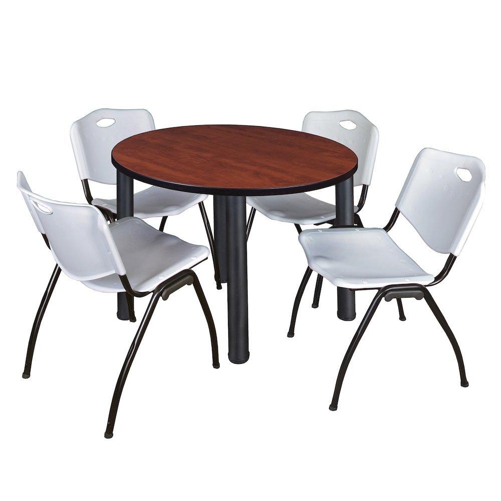 42 in Round Breakroom Table- Cherry Top, Black Legs, 4 M Stack Chairs- Grey