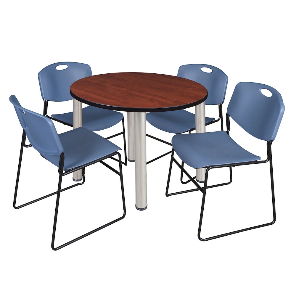 42 in Round Breakroom Table- Cherry Top, Chrome Legs, 4 Zeng Stack Chairs- Blue