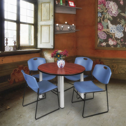 42 in Round Breakroom Table- Cherry Top, Chrome Legs, 4 Zeng Stack Chairs- Blue