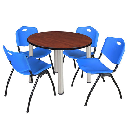 42 in Round Breakroom Table- Cherry Top, Chrome Legs, 4 M Stack Chairs- Blue