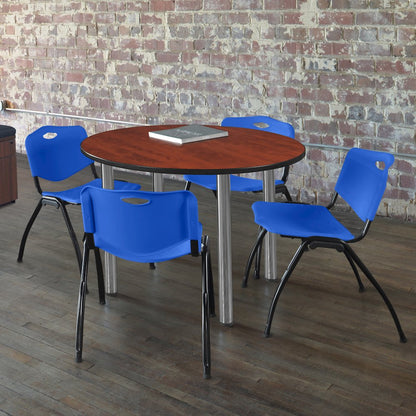 42 in Round Breakroom Table- Cherry Top, Chrome Legs, 4 M Stack Chairs- Blue