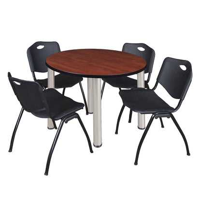 42 in Round Breakroom Table- Cherry Top, Chrome Legs, 4 M Stack Chairs- Black