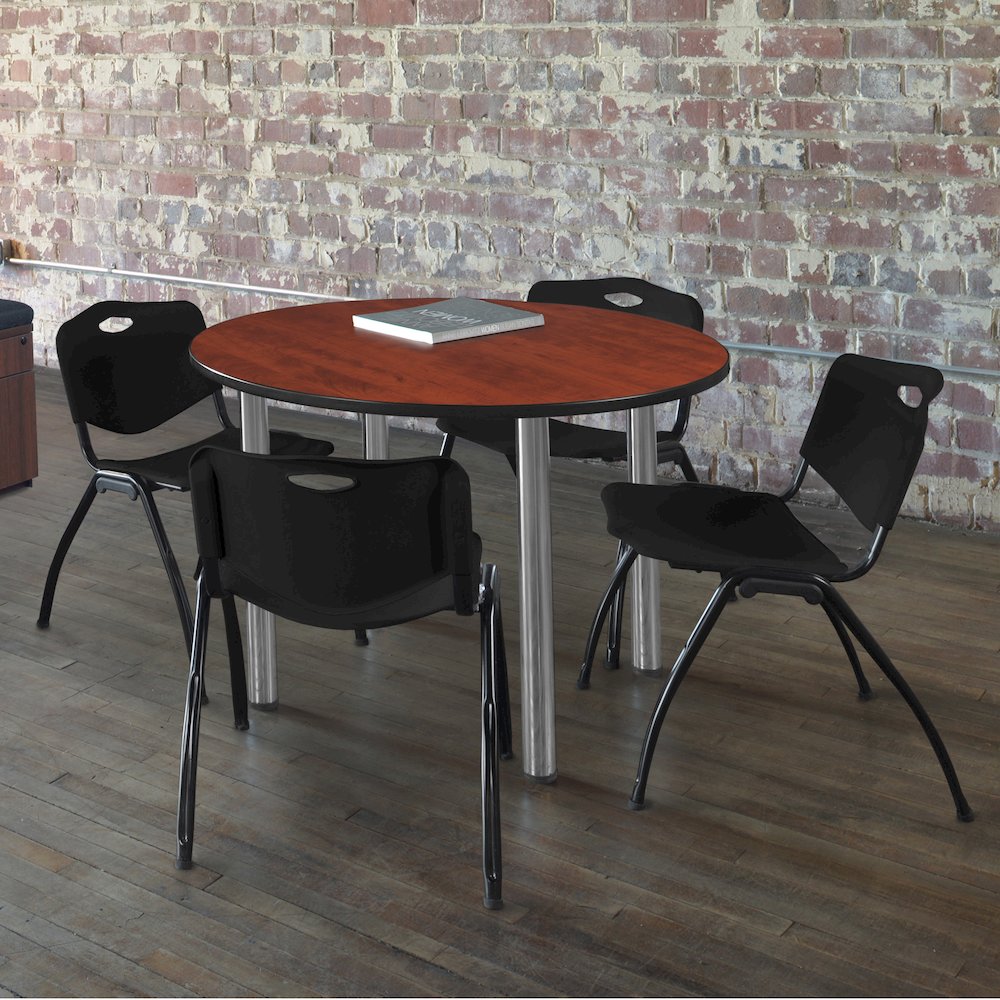 42 in Round Breakroom Table- Cherry Top, Chrome Legs, 4 M Stack Chairs- Black