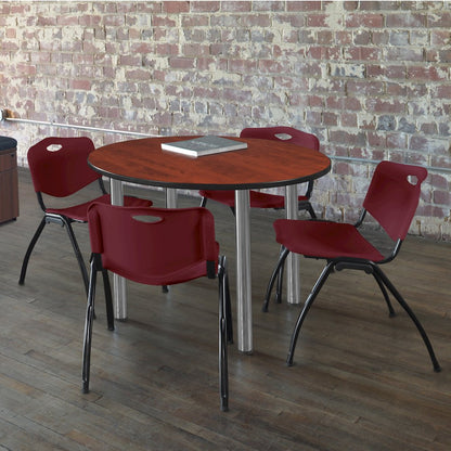 42 in Round Breakroom Table- Cherry Top, Chrome Legs, 4 M Stack Chairs- Burgundy