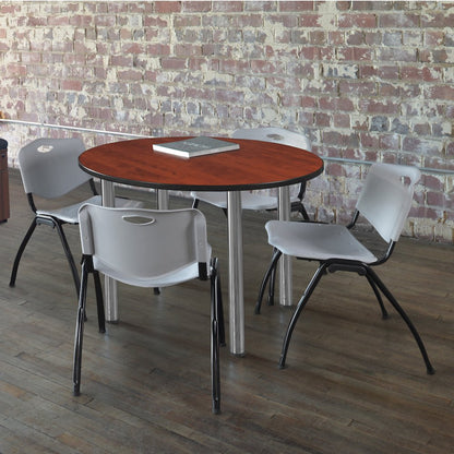 42 in Round Breakroom Table- Cherry Top, Chrome Legs, 4 M Stack Chairs- Grey