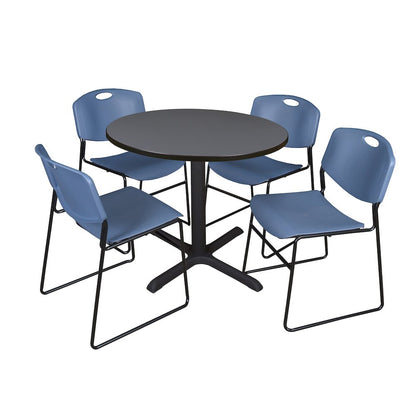 42 in. Round X-Base Breakroom Table- Grey & 4 Zeng Stack Chairs- Blue