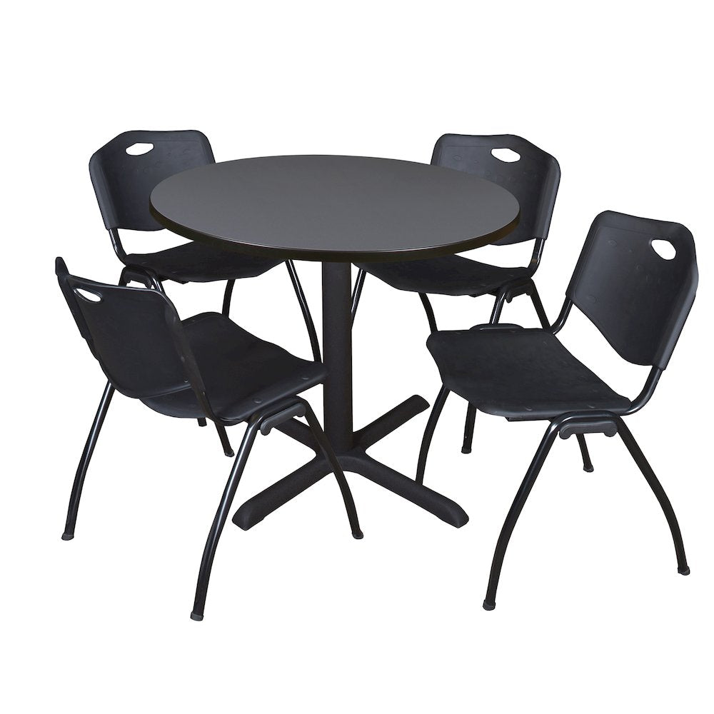 42 in. Round X-Base Breakroom Table- Grey & 4 M Stack Chairs- Black