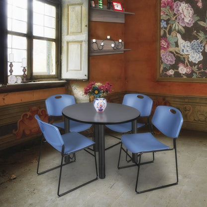 42 in Round Breakroom Table- Grey Top, Black Legs, 4 Zeng Stack Chairs- Blue