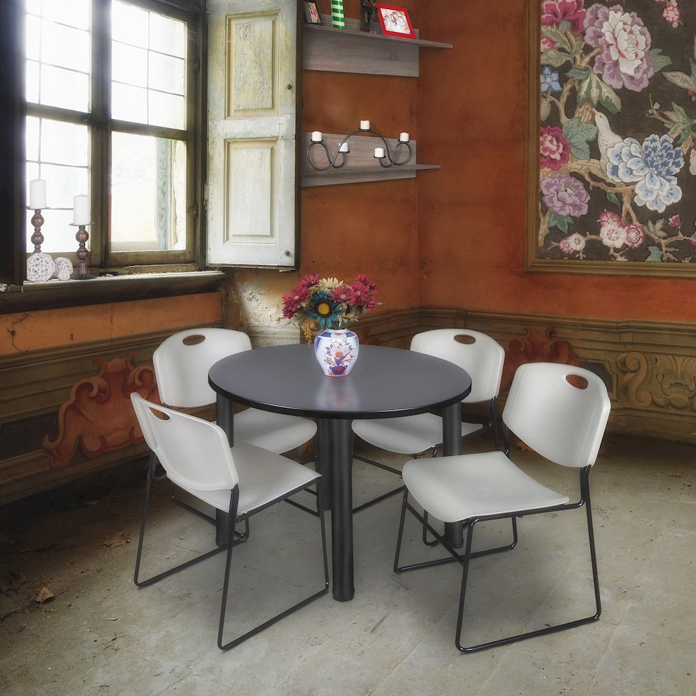 42 in Round Breakroom Table- Grey Top, Black Legs, 4 Zeng Stack Chairs- Grey