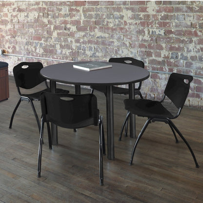 42 in Round Breakroom Table- Grey Top, Black Legs, 4 M Stack Chairs- Black