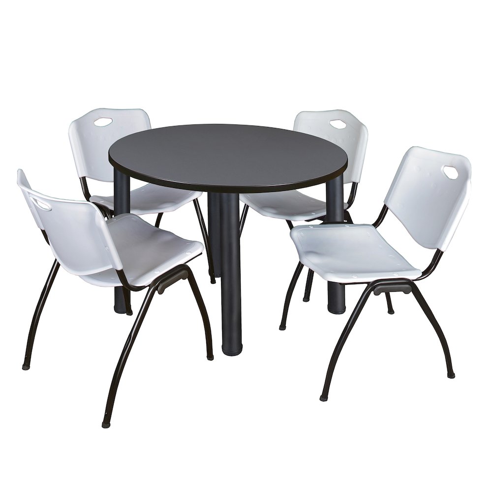 42 in Round Breakroom Table- Grey Top, Black Legs, 4 M Stack Chairs- Grey