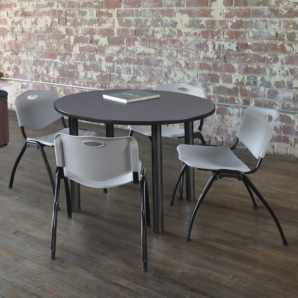 42 in Round Breakroom Table- Grey Top, Black Legs, 4 M Stack Chairs- Grey