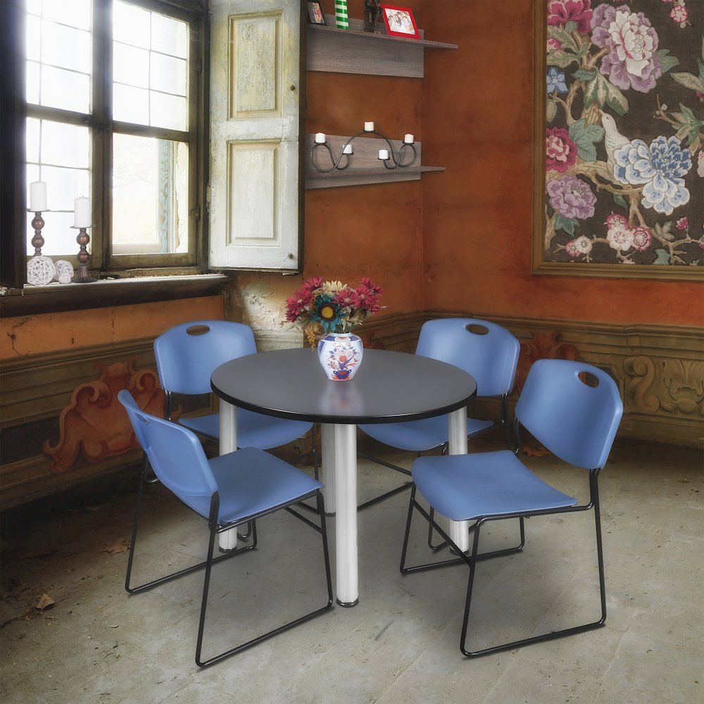 42 in Round Breakroom Table- Grey Top, Chrome Legs, 4 Zeng Stack Chairs- Blue