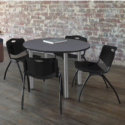 42 in Round Breakroom Table- Grey Top, Chrome Legs, 4 M Stack Chairs- Black