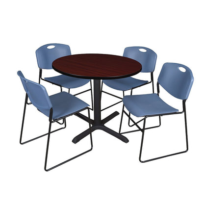 42 in. Round X-Base Breakroom Table- Mahogany & 4 Zeng Stack Chairs- Blue