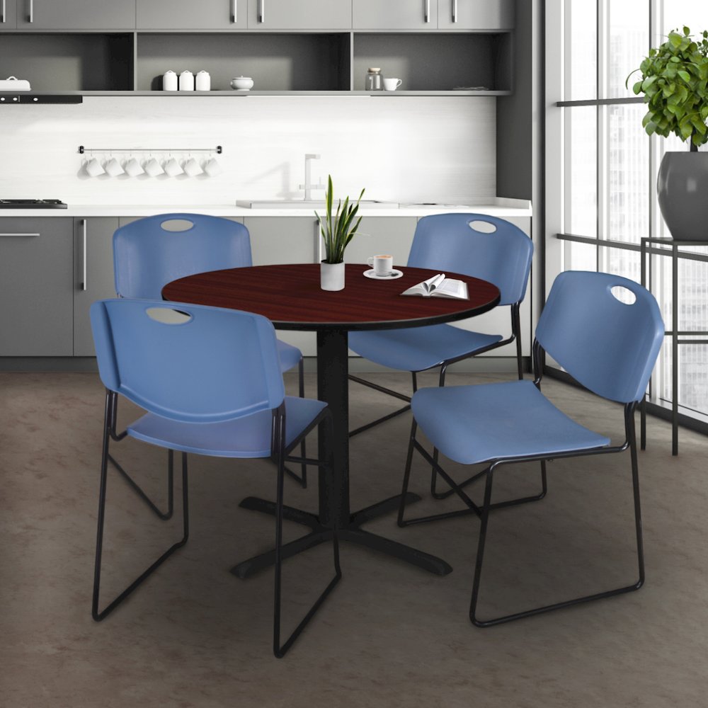 42 in. Round X-Base Breakroom Table- Mahogany & 4 Zeng Stack Chairs- Blue