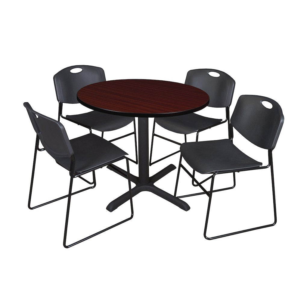 42 in. Round X-Base Breakroom Table- Mahogany & 4 Zeng Stack Chairs- Black