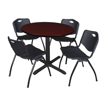 42 in. Round X-Base Breakroom Table- Mahogany & 4 M Stack Chairs- Black