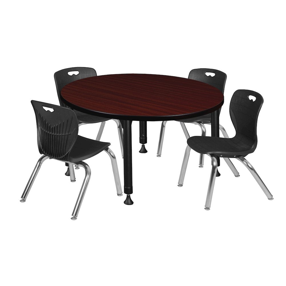 42 Round Adjustable Classroom Table- Mahogany & 4 Andy 12 Stack Chairs- Black
