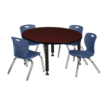 42 Round Adjustable Classroom Table- Mahogany & 4 Andy 12 Stack Chairs- Blue
