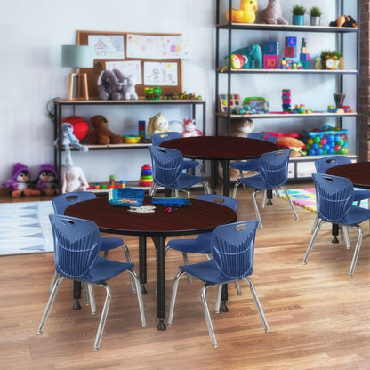 42 Round Adjustable Classroom Table- Mahogany & 4 Andy 12 Stack Chairs- Blue