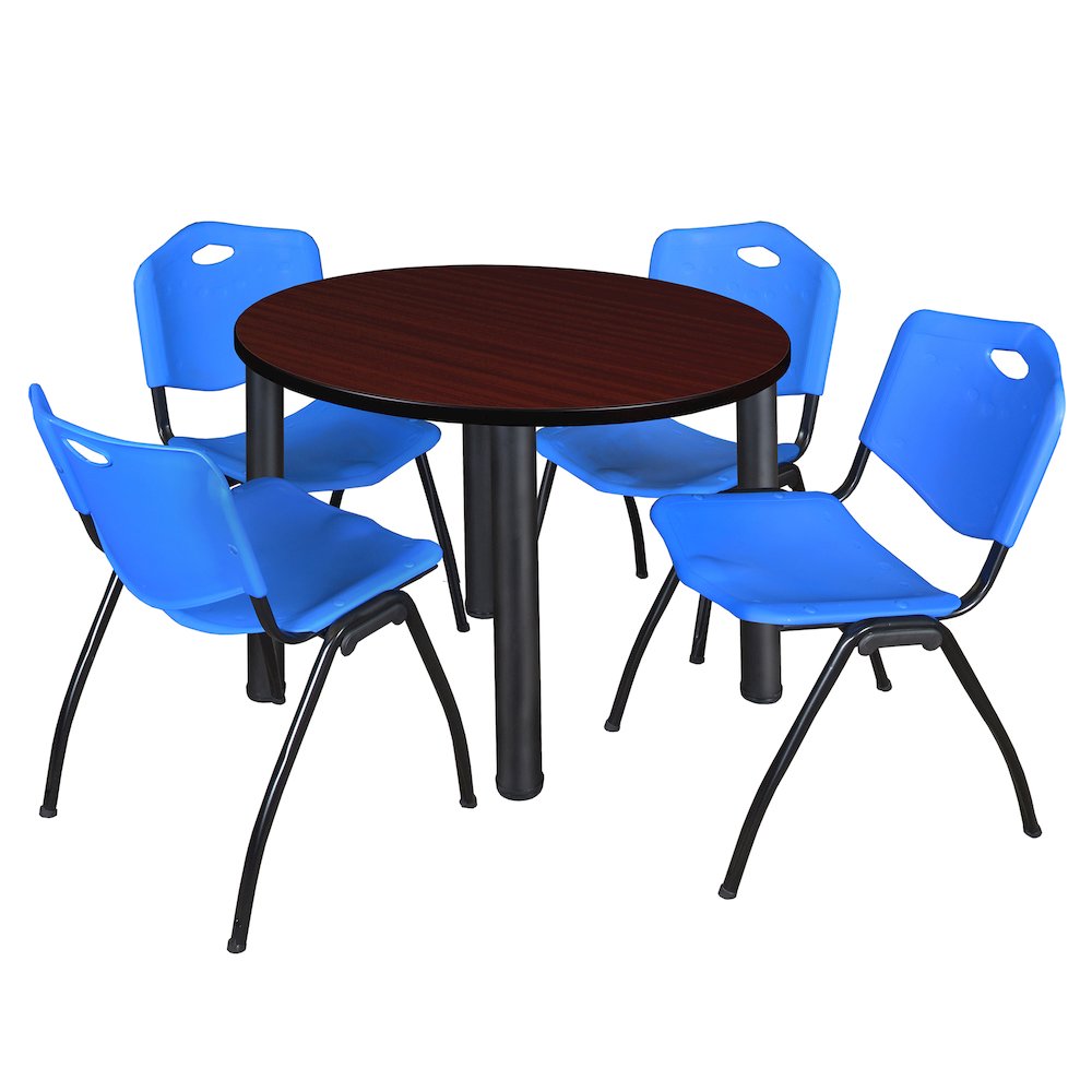 42 in Round Breakroom Table- Mahogany Top, Black Legs, 4 M Stack Chairs- Blue