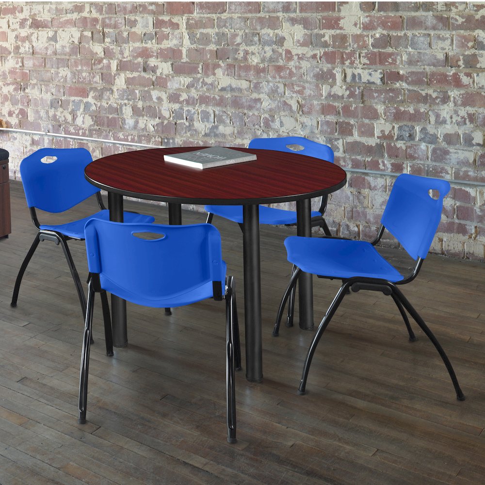 42 in Round Breakroom Table- Mahogany Top, Black Legs, 4 M Stack Chairs- Blue