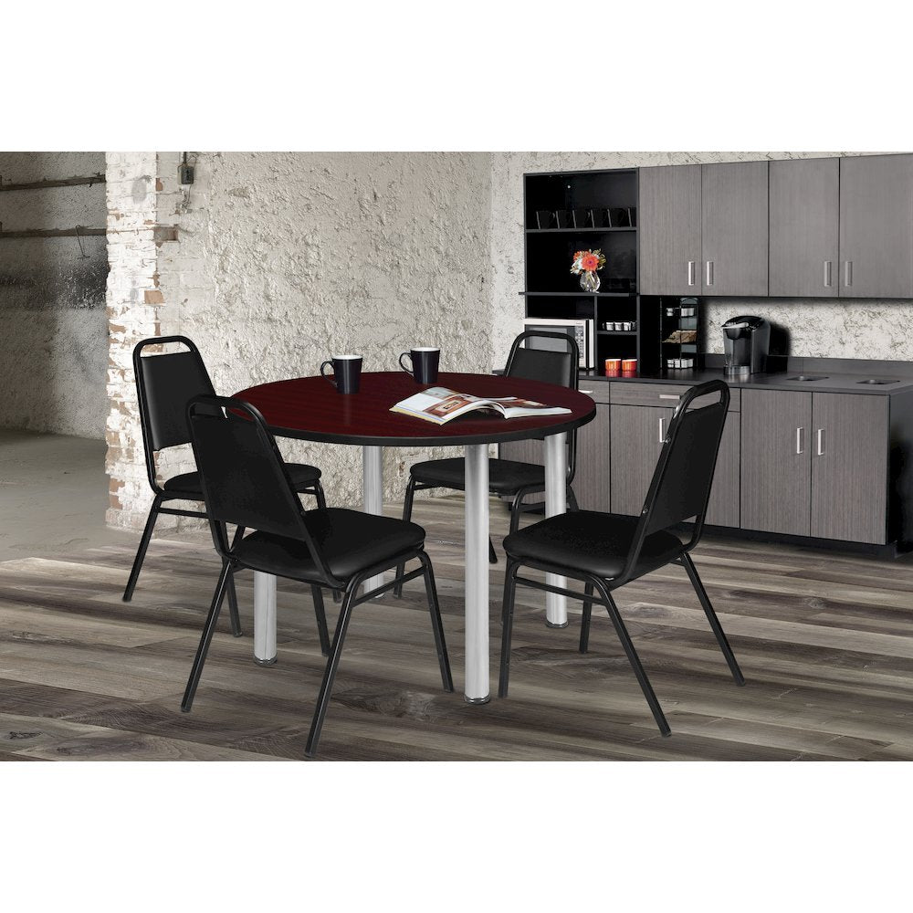 42 Round Breakroom Table- Mahogany Top, Chrome Legs, 4 Restaurant Stack Chairs